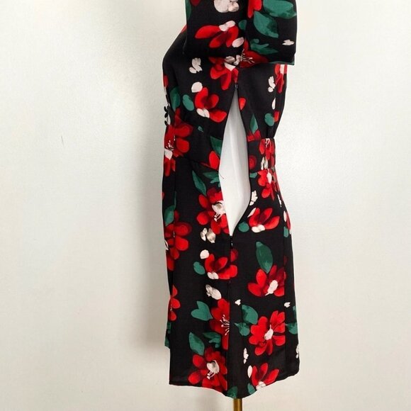 NWT U0 MICHELLE BLACK RED FLORAL LONG SLEEVE V-NECK BUTTON FRONT MINI DRESS - Picture 7 of 12